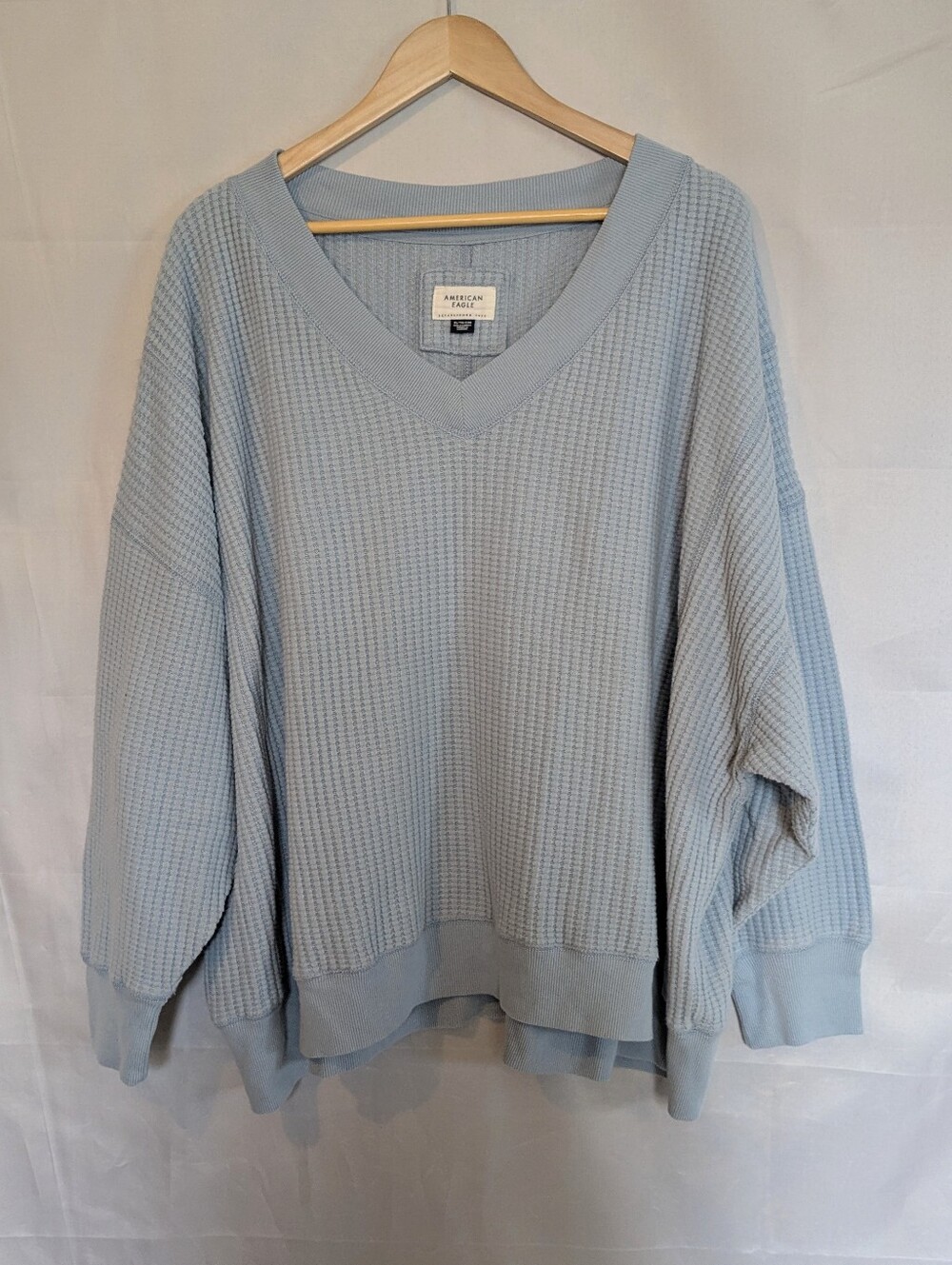 American Eagle Big Hug Waffle Knit Sweatshirt Oversized V Neck Pullover Blue XL